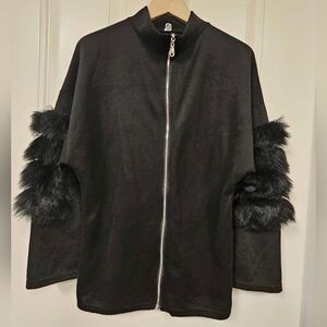 90S 80S black Faux Fur sleeve front zip jacket long sleeve Tops size M